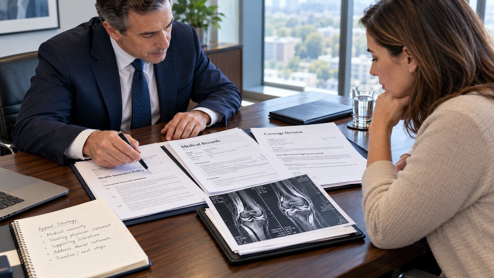 An attorney marking up a coverage decision and a medical record