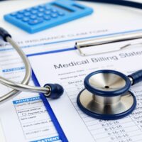Stethoscope on medical bills and health insurance claim form